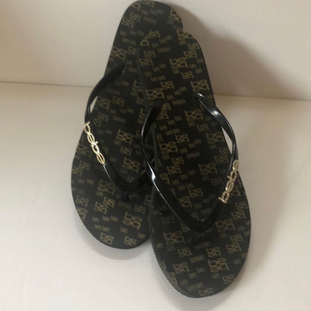 bebe Black Slim Crystal Logo Flip Flops